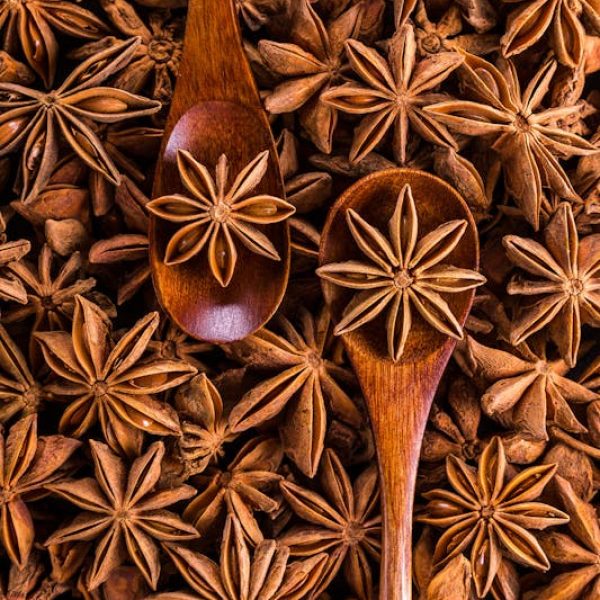 Aesthetic flat lay of star anise and wooden spoons, highlighting spice and culinary themes.